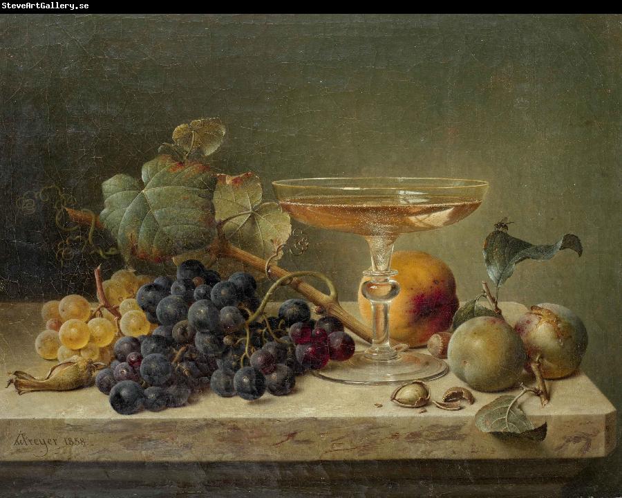 Johann Wilhelm Preyer nuts and a glass on a marble ledge